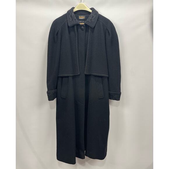 Vintage 90s Lorovi Petites Black Wool Long Cape Coat Womens 16P Made‎ in USA - Picture 1 of 6